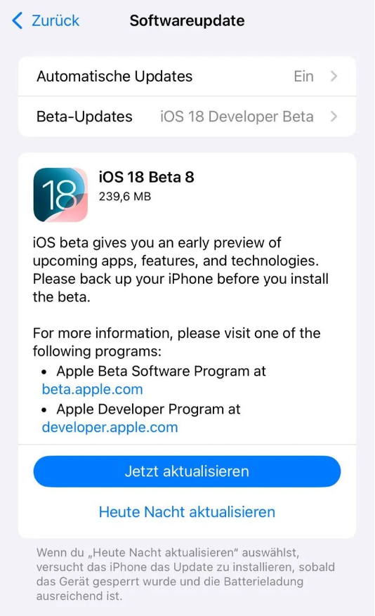 建邺苹果手机维修分享苹果 iOS / iPadOS 18 开发者预览版 Beta 8 发布 